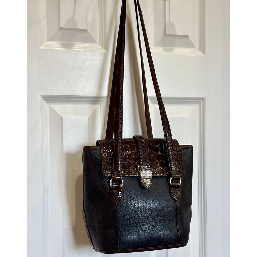 BRIGHTON 🎉2X HP🎉 Vintage Brown & Black Bucket Shoulder Bag/Croc-Embossed Detail - Picture 14 of 14